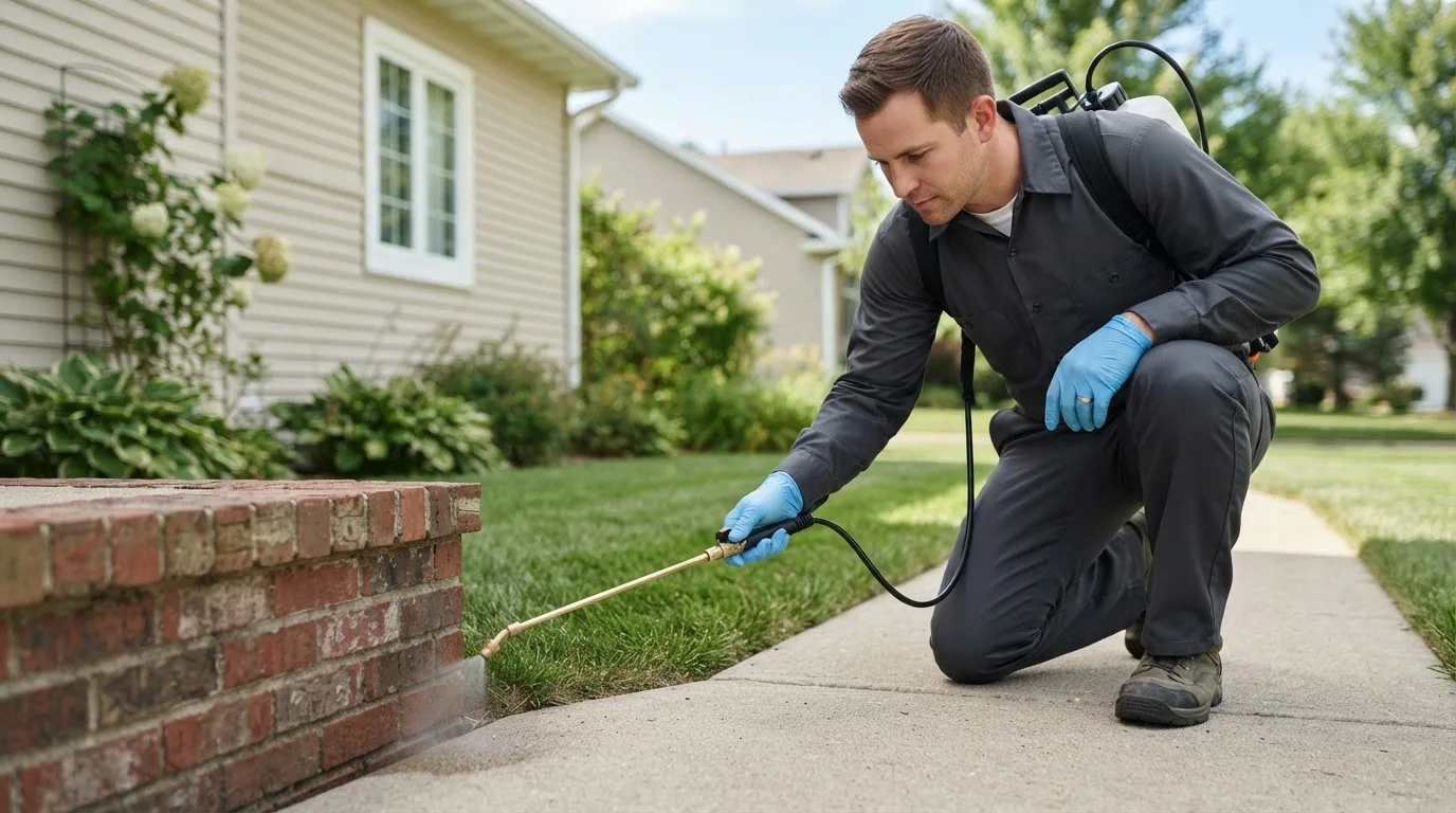 Pest control technician treating a home near North Robinson, OH