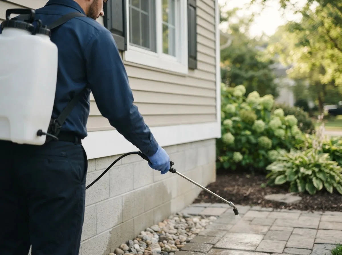 Pest control technician inspecting a home in North Robinson, OH